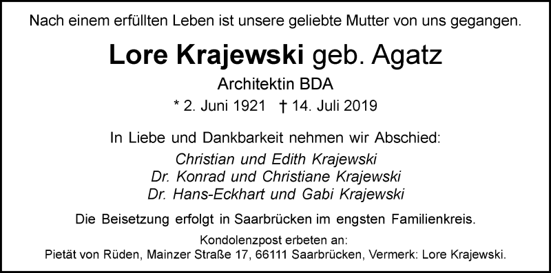 Traueranzeige von Lore Krajewski von WESER-KURIER
