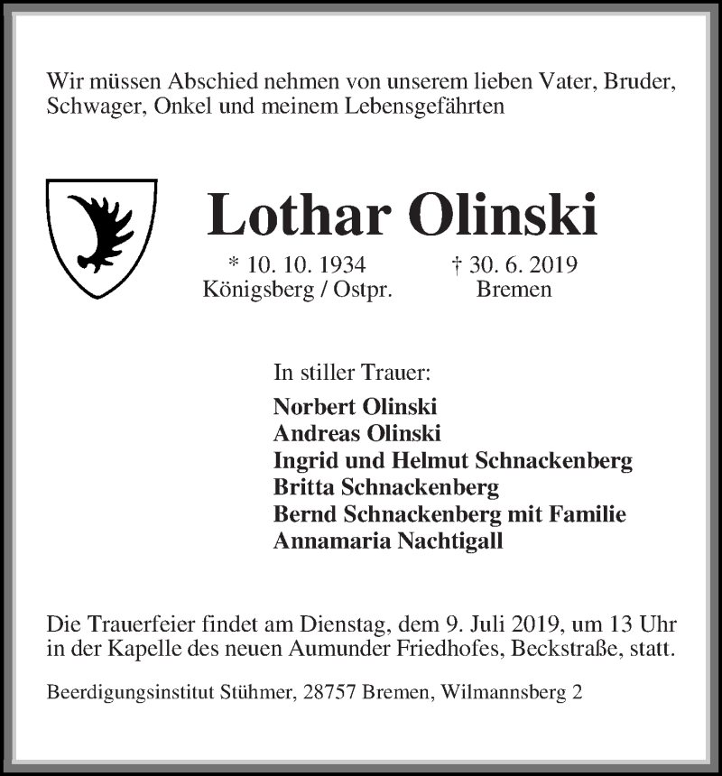 Traueranzeige von Lothar Olinski von WESER-KURIER