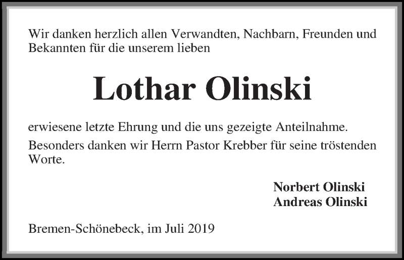 Traueranzeige von Lothar Olinski von Die Norddeutsche