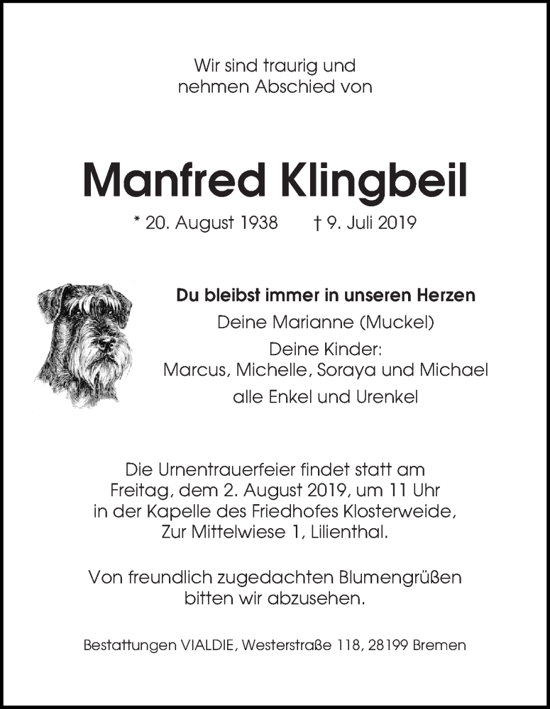 Traueranzeige von Manfred Klingbeil von Wuemme Zeitung