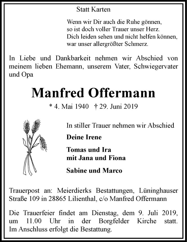 Traueranzeige von Manfred Offermann von WESER-KURIER