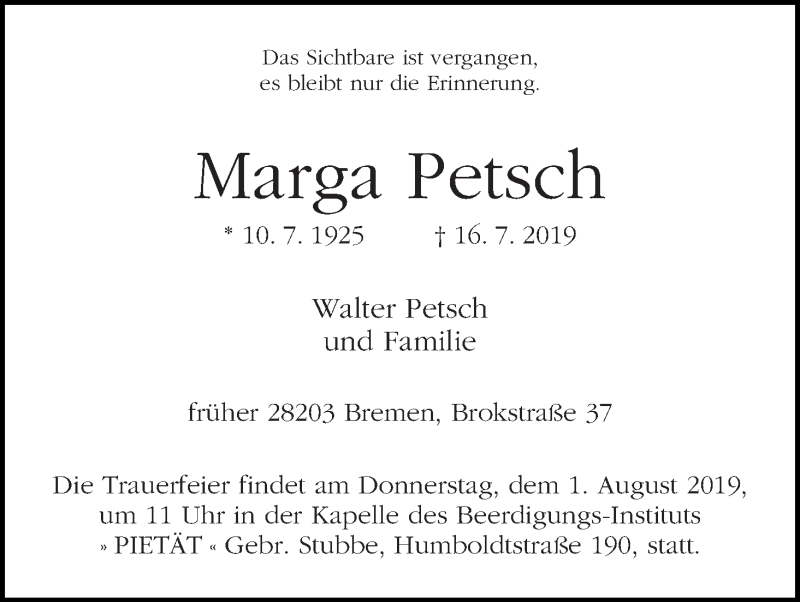 Traueranzeige von Marga Petsch von WESER-KURIER