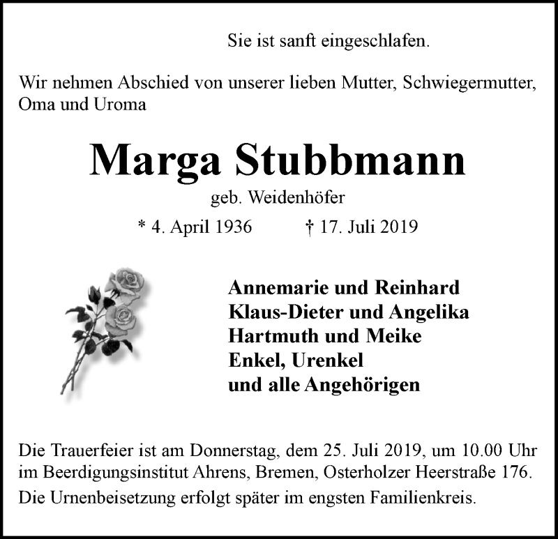 Traueranzeige von Marga Stubbmann von WESER-KURIER