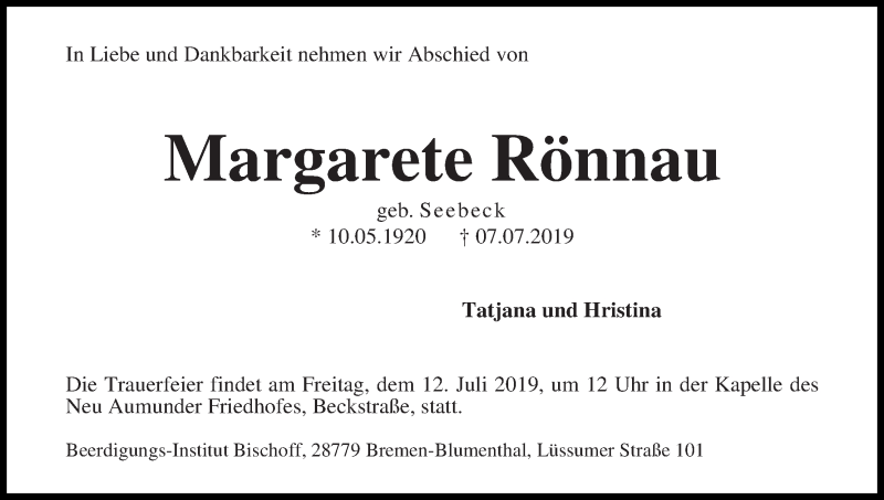 Traueranzeige von Margarete Rönnau von Die Norddeutsche