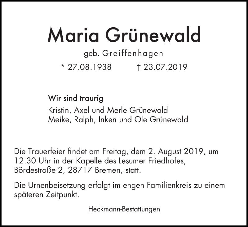 Traueranzeige von Maria Grünewald von WESER-KURIER