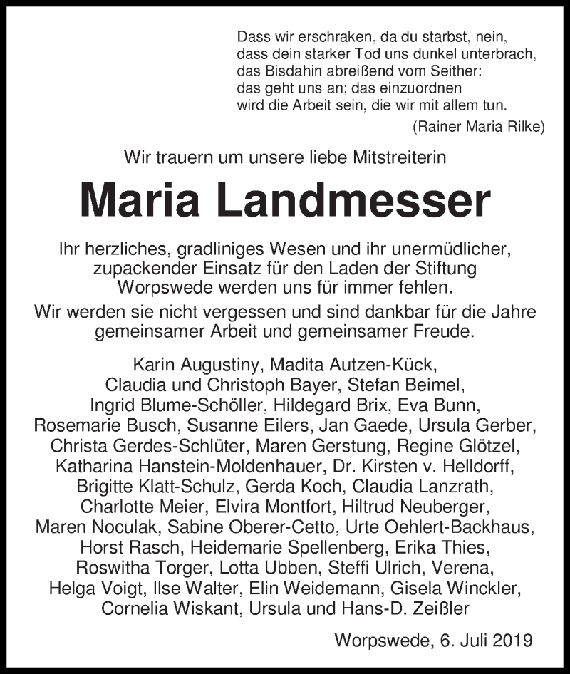 Traueranzeige von Maria Landmesser von Wuemme Zeitung