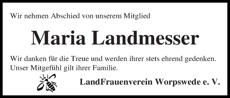 Traueranzeige von Maria Landmesser von Wuemme Zeitung