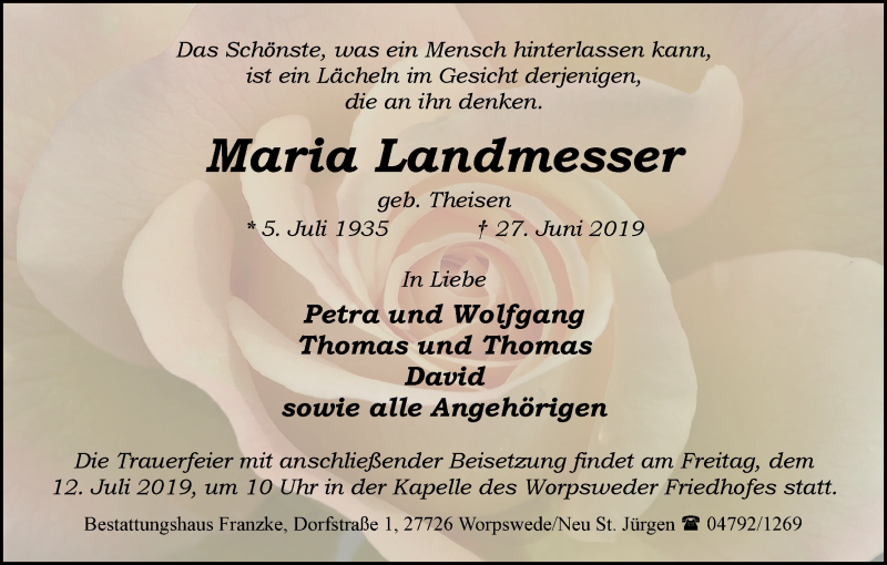 Traueranzeige von Maria Landmesser von Wuemme Zeitung