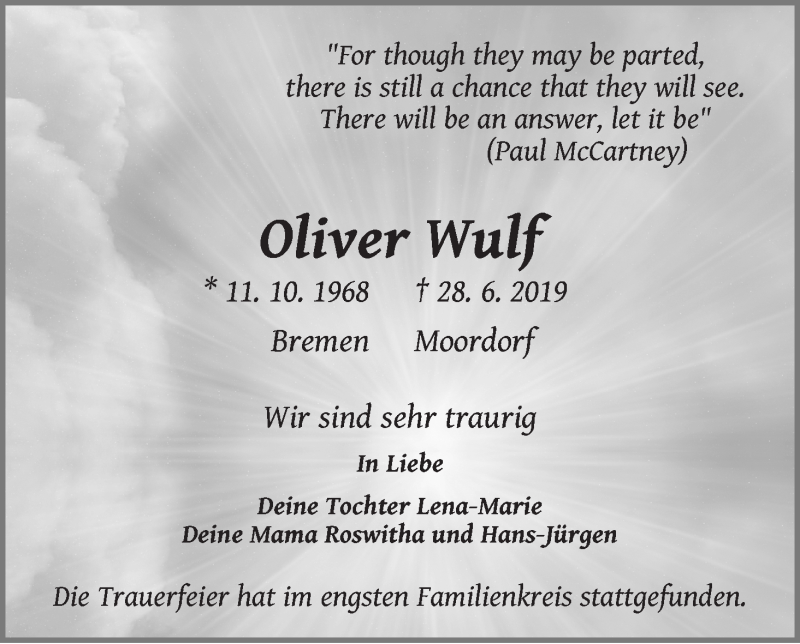 Traueranzeige von Oliver Wulf von WESER-KURIER