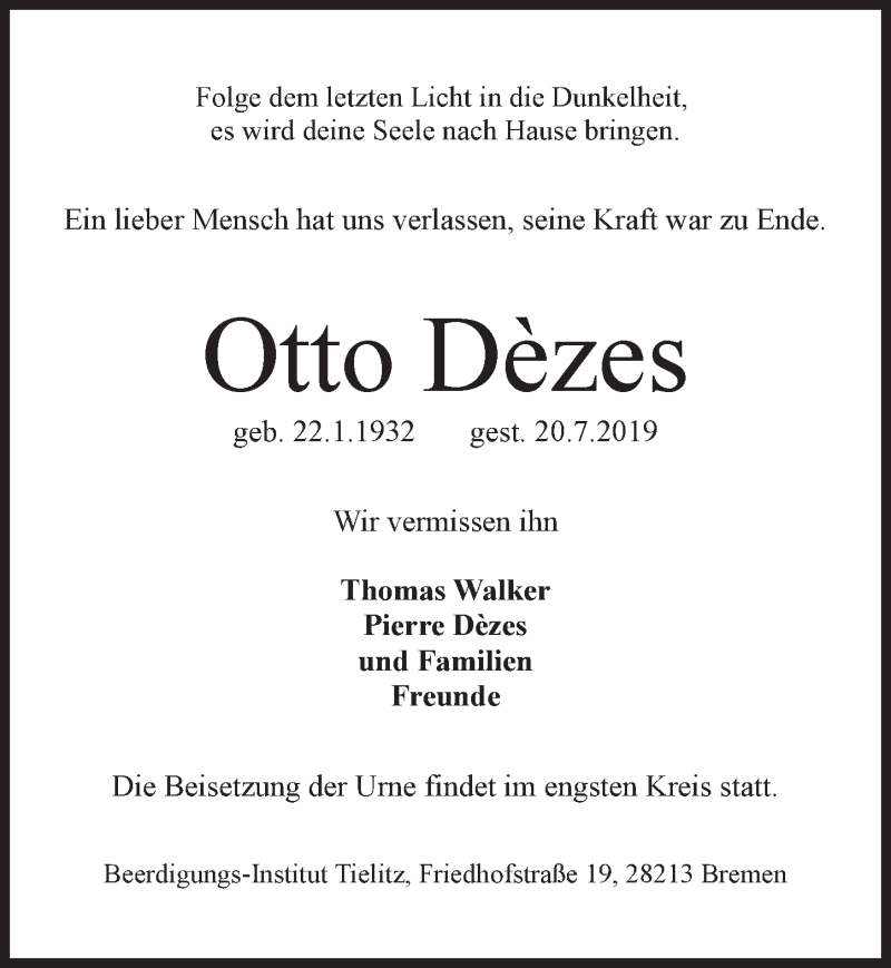 Traueranzeige von Otto Dèzes von WESER-KURIER
