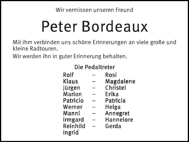 Traueranzeige von Peter Bordeaux von Die Norddeutsche