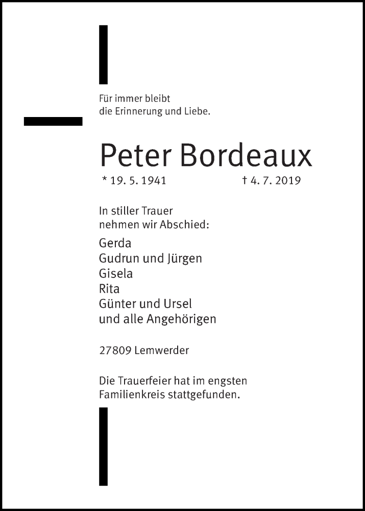 Traueranzeige von Peter Bordeaux von Die Norddeutsche