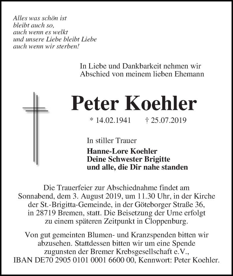 Traueranzeige von Peter Karl Koehler von Die Norddeutsche