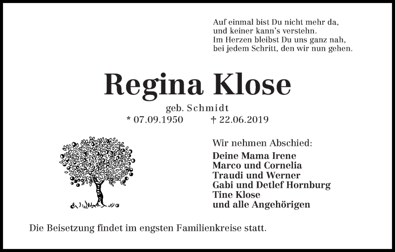 Traueranzeige von Regina Klose von Die Norddeutsche