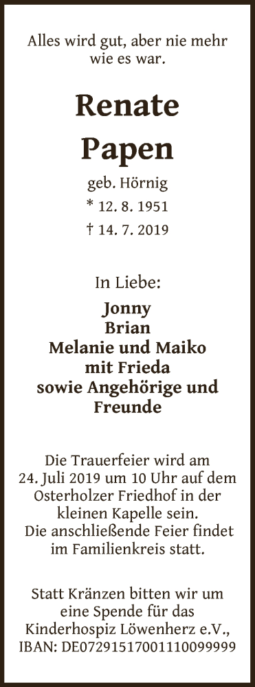 Traueranzeige von Renate Papen von WESER-KURIER