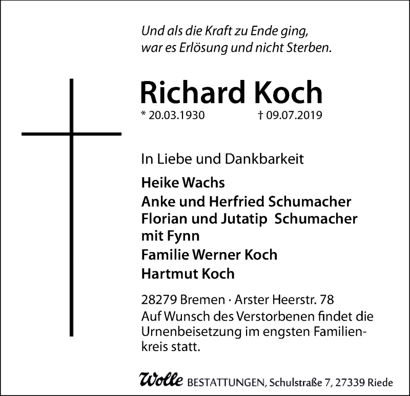 Traueranzeige von Richard Koch von WESER-KURIER