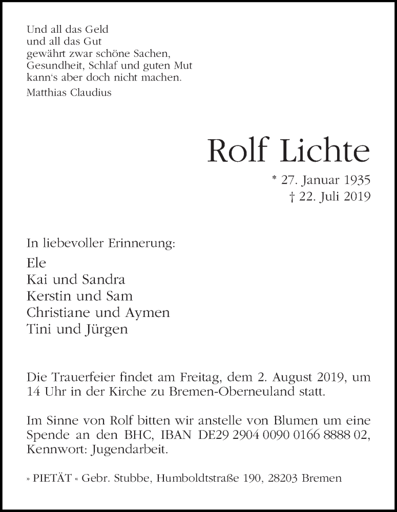 Traueranzeige von Rolf Lichte von WESER-KURIER