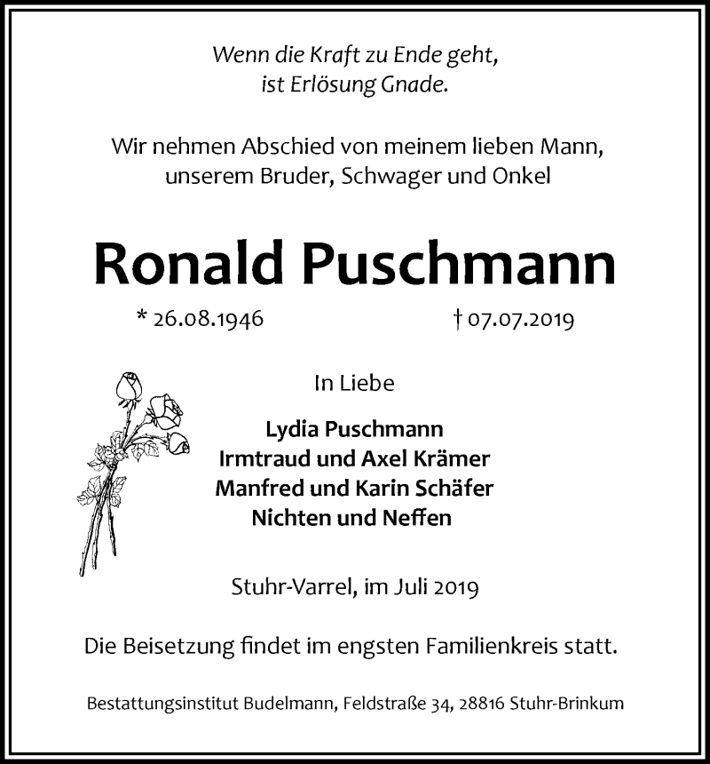 Traueranzeige von Ronald Puschmann von WESER-KURIER