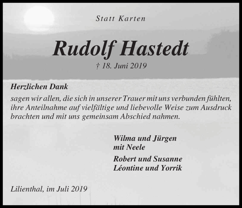 Traueranzeige von Rudolf Hastedt von Wuemme Zeitung