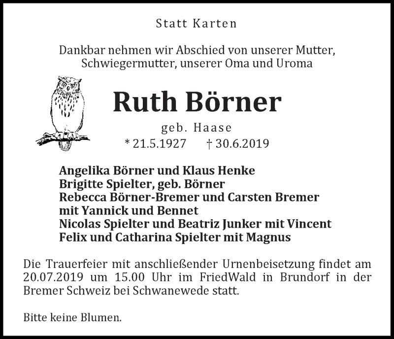 Traueranzeige von Ruth Börner von WESER-KURIER