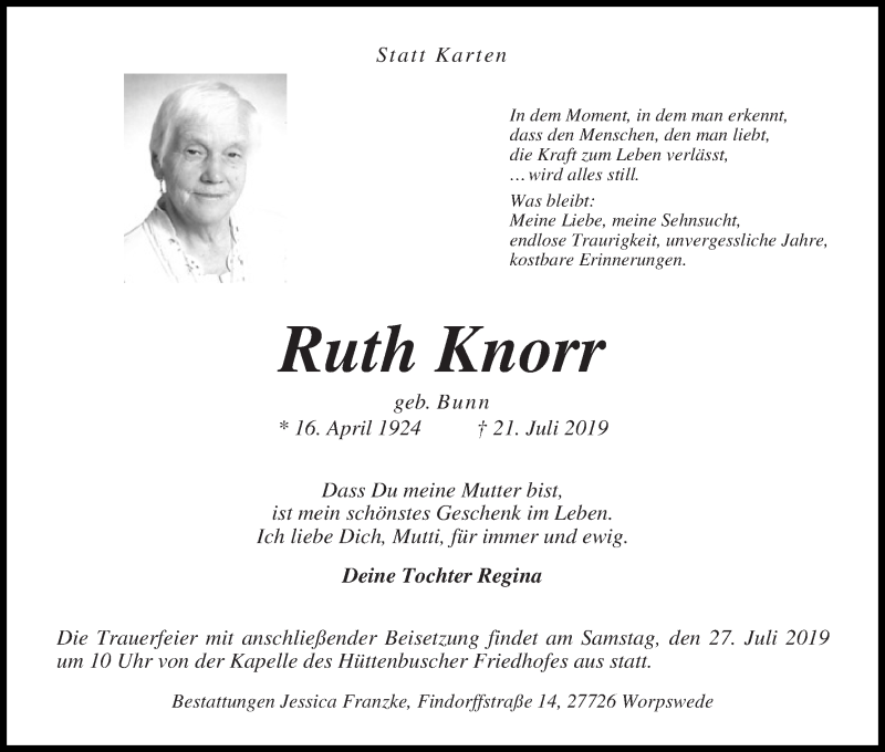 Traueranzeige von Ruth Knorr von Wuemme Zeitung