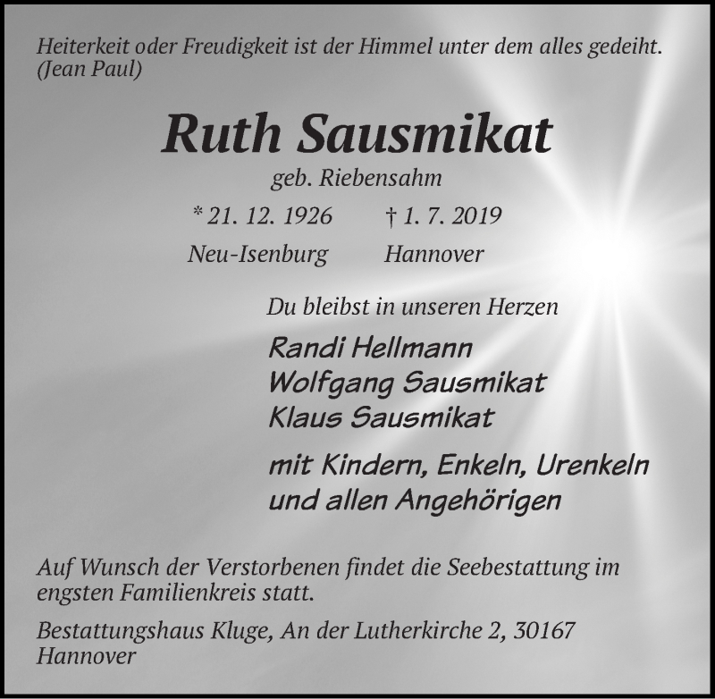 Traueranzeige von Ruth Sausmikat von Osterholzer Kreisblatt