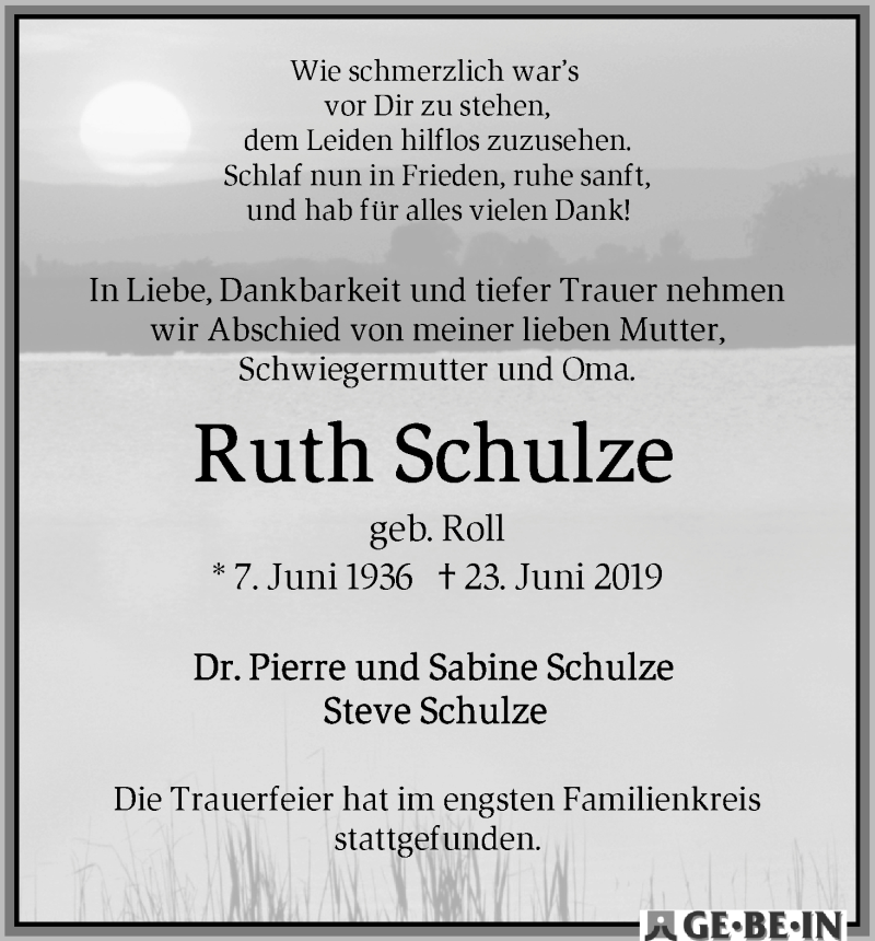 Traueranzeige von Ruth Schulze von WESER-KURIER