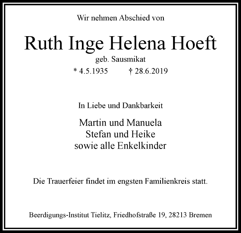 Traueranzeige von Ruth Inge Helena Hoeft von WESER-KURIER