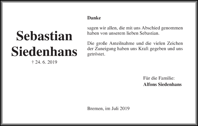 Traueranzeige von Sebastian Siedenhans von Die Norddeutsche