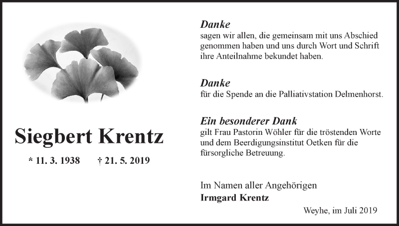 Traueranzeige von Siegbert Krentz von Regionale Rundschau/Syker Kurier