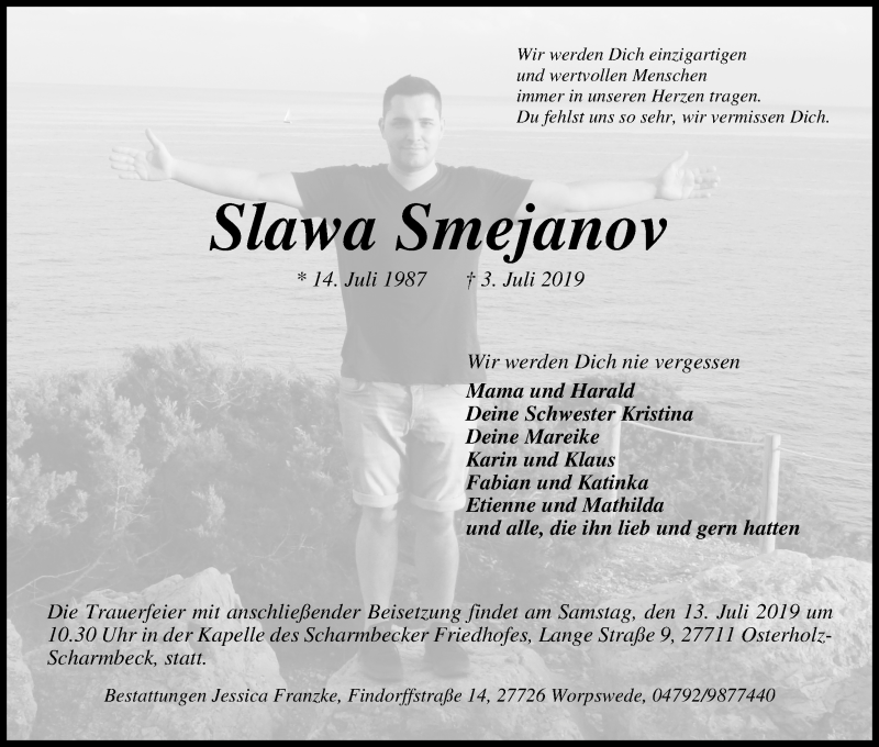 Traueranzeige von Slawa Smejanov von Wuemme Zeitung