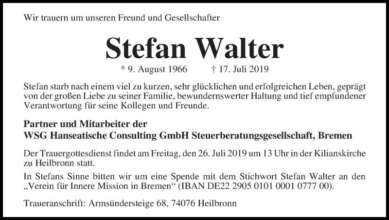 Traueranzeige von Stefan Walter von WESER-KURIER
