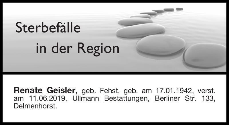 Traueranzeige von Sterbefälle in der Region Ausgabe 06.07.2019 von Delmenhorster Kurier