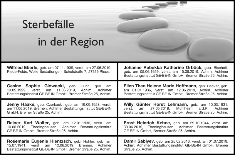 Traueranzeige von Sterbefälle in der Region Ausgabe 06.07.2019 von Achimer Kurier/Verdener Nachrichten