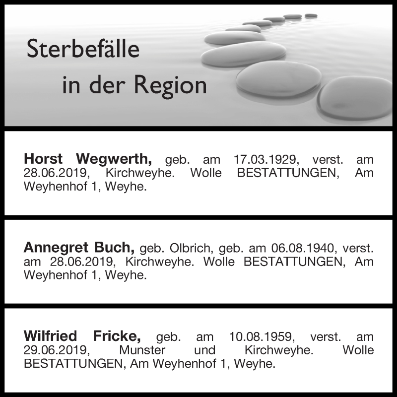 Traueranzeige von Sterbefälle in der Region Ausgabe 06.07.2019 von Regionale Rundschau/Syker Kurier