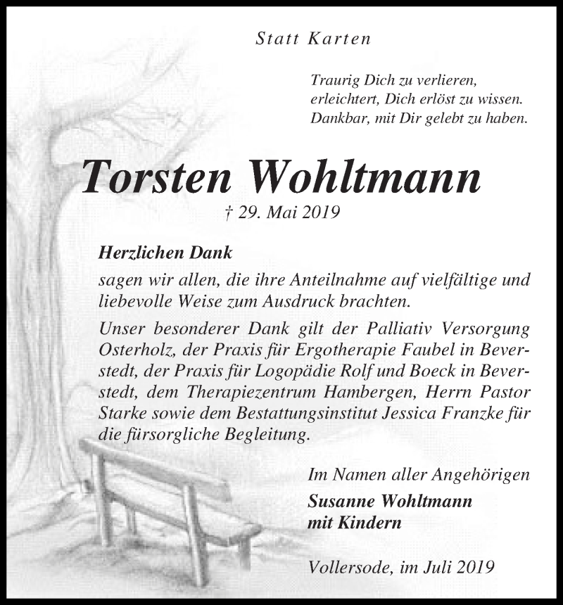 Traueranzeige von Torsten Wohltmann von Wuemme Zeitung