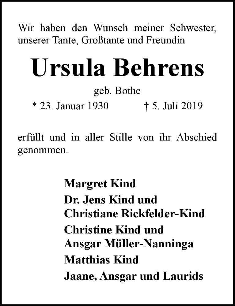 Traueranzeige von Ursula Behrens von WESER-KURIER