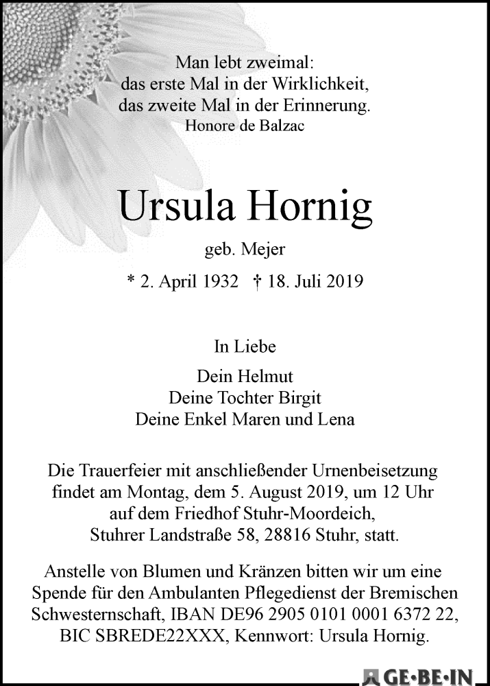 Traueranzeige von Ursula Hornig von WESER-KURIER