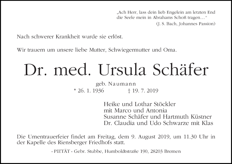 Traueranzeige von Ursula Schäfer von WESER-KURIER