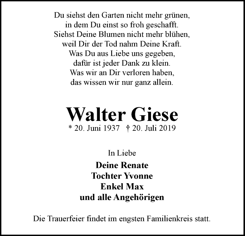 Traueranzeige von Walter Giese von WESER-KURIER
