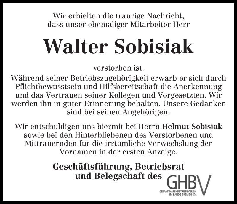 Traueranzeige von Walter Sobisiak von WESER-KURIER