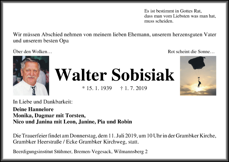 Traueranzeige von Walter Sobisiak von WESER-KURIER