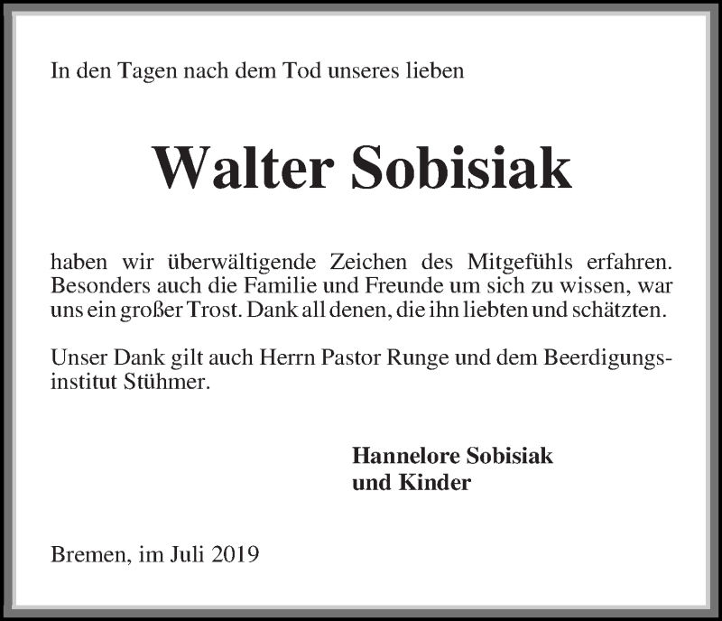 Traueranzeige von Walter Sobisiak von WESER-KURIER