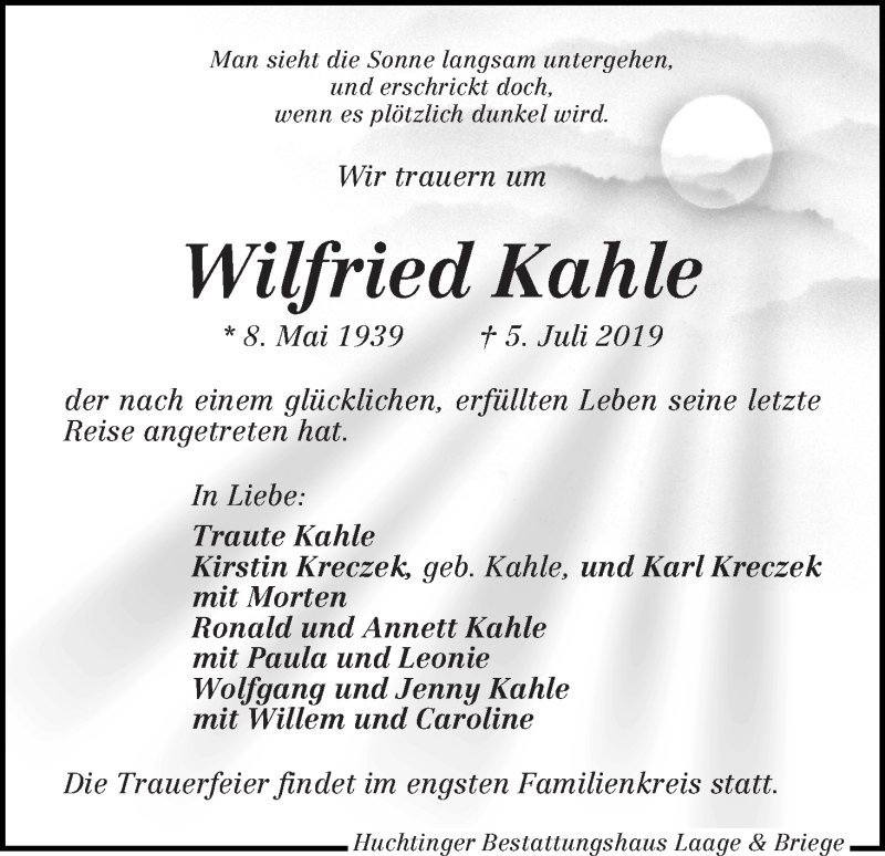 Traueranzeige von Wilfried Kahle von WESER-KURIER