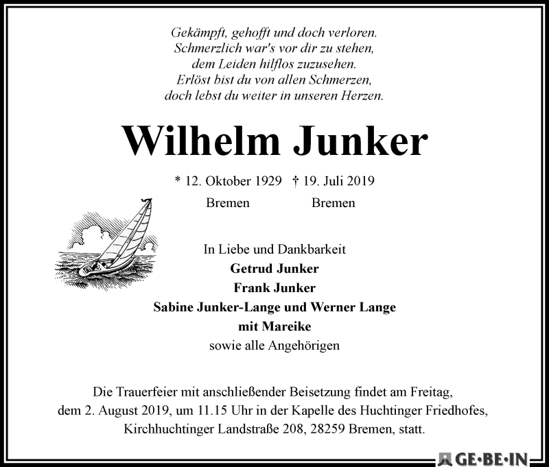 Traueranzeige von Wilhelm Junker von WESER-KURIER