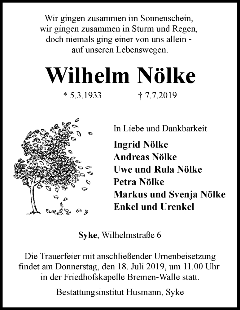 Traueranzeige von Wilhelm Nölke von WESER-KURIER