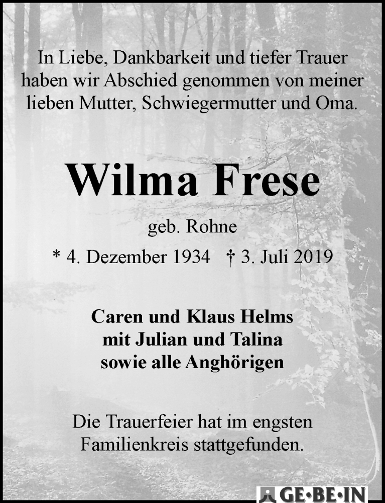 Traueranzeige von Wilma Frese von WESER-KURIER