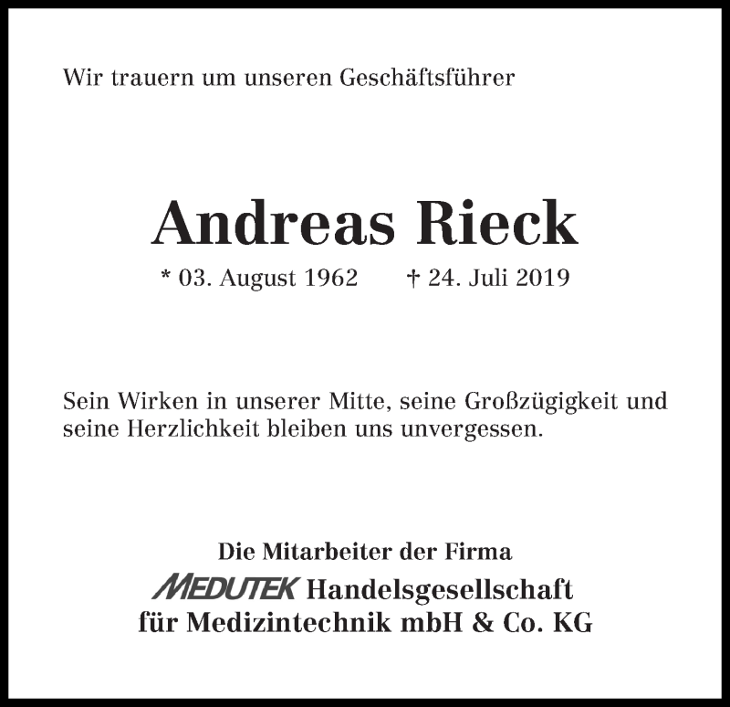 Traueranzeige von Andreas Rieck von WESER-KURIER