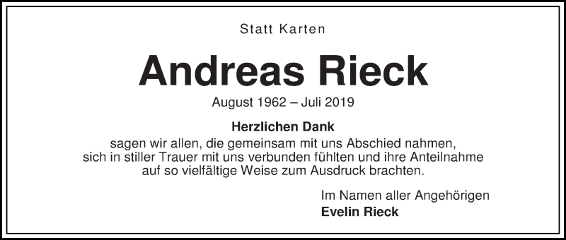 Traueranzeige von Andreas Rieck von WESER-KURIER