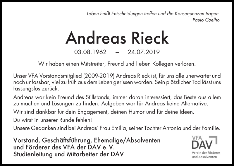 Traueranzeige von Andreas Rieck von WESER-KURIER
